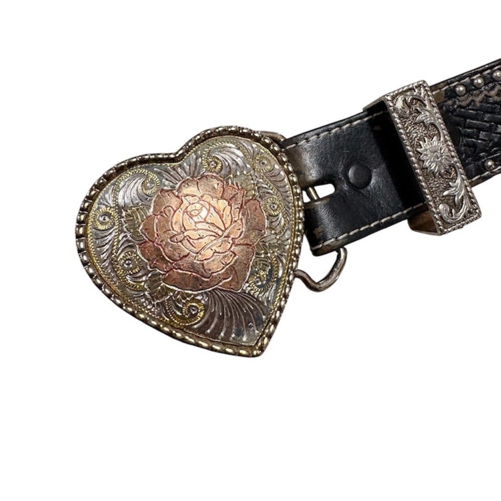 Ranger Belt Co Western Leather Belt Women's 34" Calf Hair Hide, Heart Buckle - Picture 4 of 7
